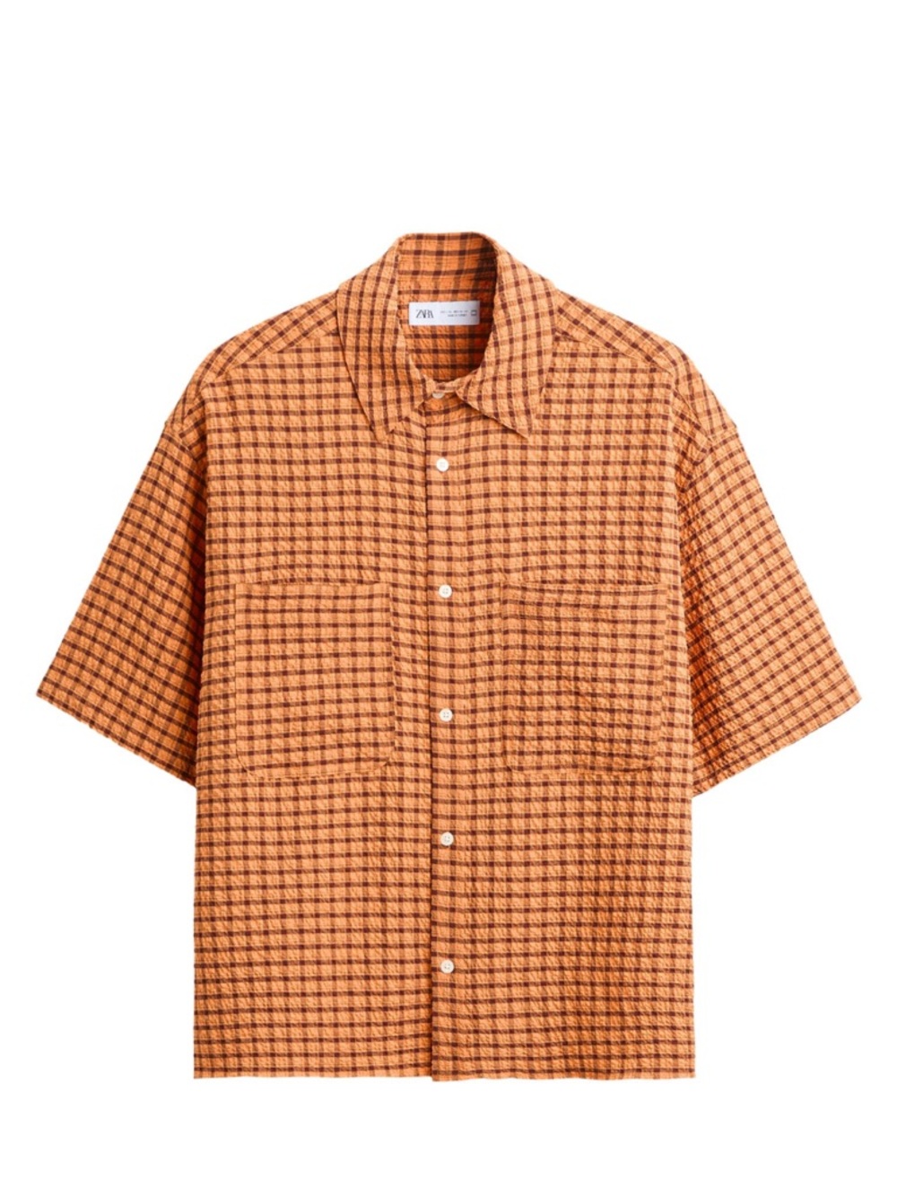 Zara Men’s Orange Check Short Sleeve Button-Up Shirt